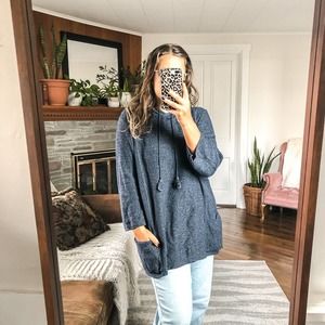 PURE JILL | Women's XLP Navy Blue Chunky Textured Knit Hooded Sweater Cotton